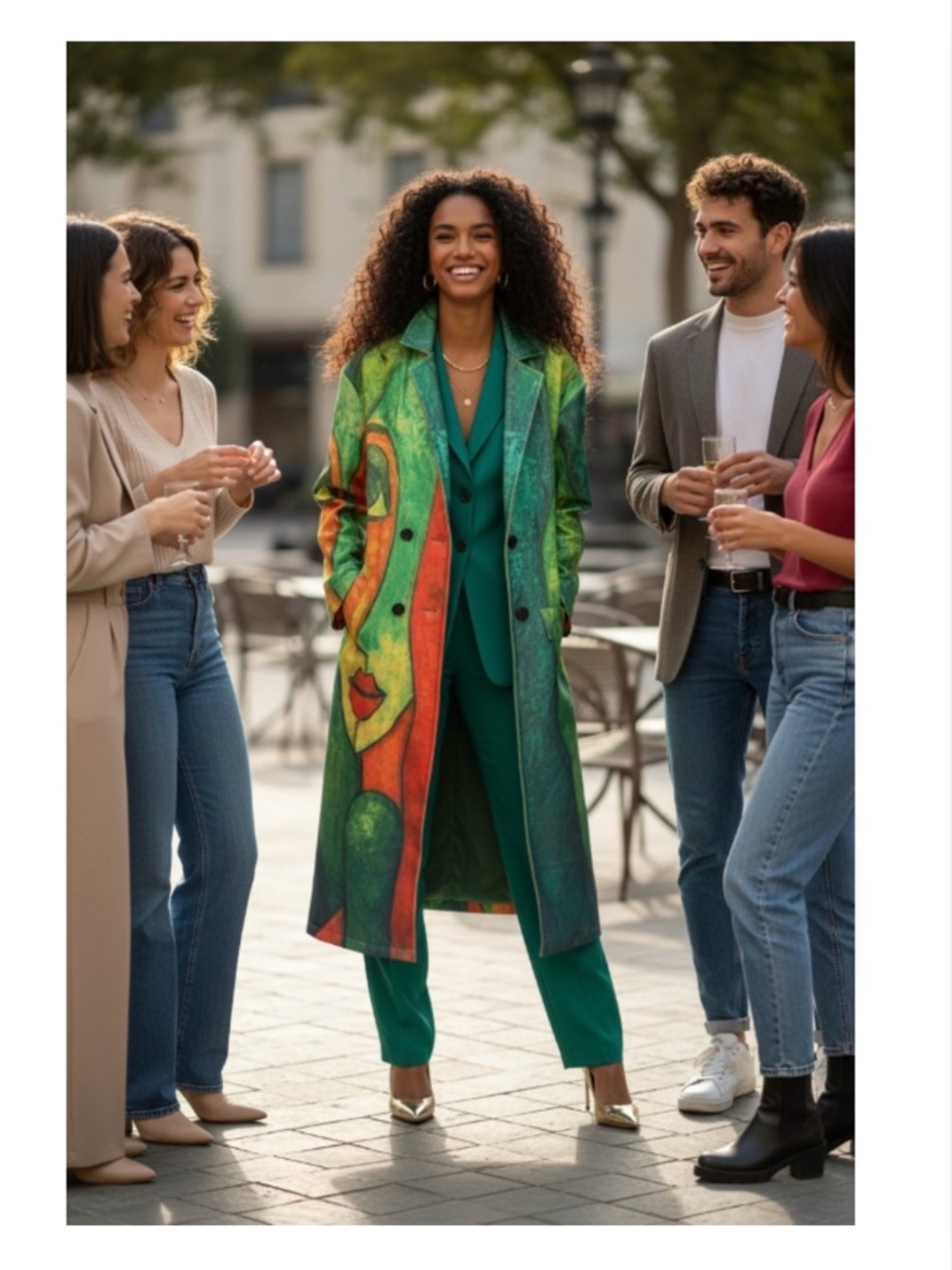 COAT: Lightweight, Oversized Green, Orange, & Yellow Artistic Design, NWOT - Picture 8 of 11